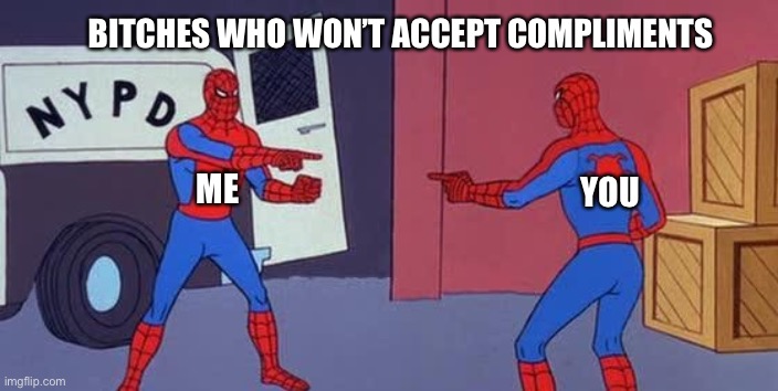 Spider Man Double | BITCHES WHO WON’T ACCEPT COMPLIMENTS; ME; YOU | image tagged in spider man double | made w/ Imgflip meme maker