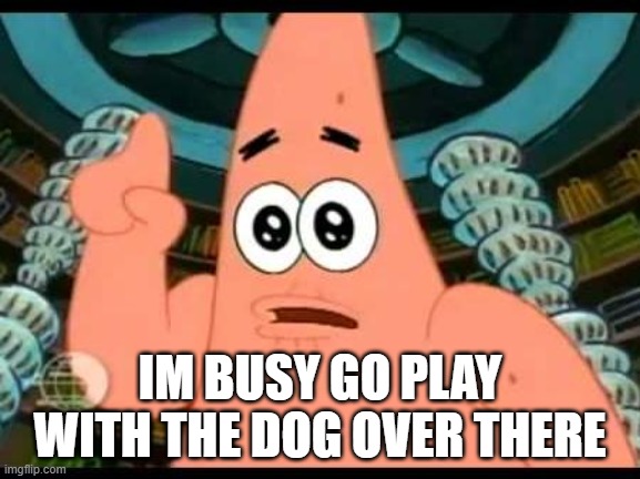 Patrick Says Meme | IM BUSY GO PLAY WITH THE DOG OVER THERE | image tagged in memes,patrick says | made w/ Imgflip meme maker