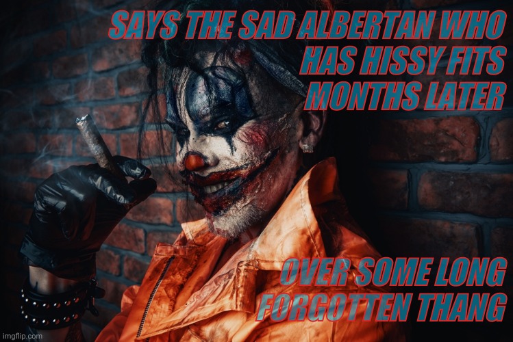 w | SAYS THE SAD ALBERTAN WHO                               HAS HISSY FITS
 MONTHS LATER OVER SOME LONG FORGOTTEN THANG | image tagged in evil bloodstained clown | made w/ Imgflip meme maker