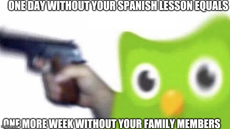 duolingo gun | ONE DAY WITHOUT YOUR SPANISH LESSON EQUALS; ONE MORE WEEK WITHOUT YOUR FAMILY MEMBERS | image tagged in duolingo gun,duolingo,spanish,family,evil,violence | made w/ Imgflip meme maker