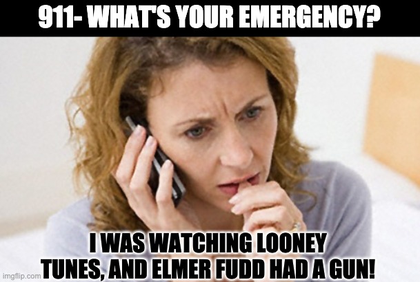 911 | 911- WHAT'S YOUR EMERGENCY? I WAS WATCHING LOONEY TUNES, AND ELMER FUDD HAD A GUN! | image tagged in call 911 | made w/ Imgflip meme maker