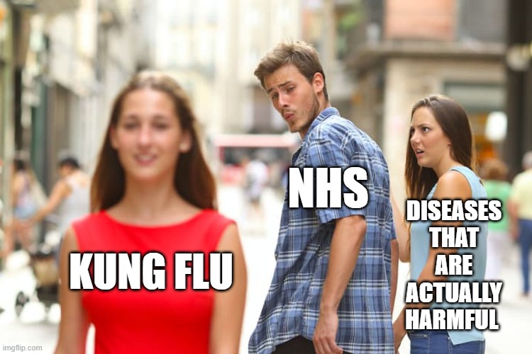 Distracted NHS |  NHS; DISEASES THAT ARE ACTUALLY HARMFUL; KUNG FLU | image tagged in memes,distracted boyfriend,covid-19,nhs,false flag | made w/ Imgflip meme maker