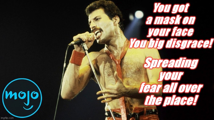 Freddy Mercury tells it how it is! | You got a mask on your face
You big disgrace! Spreading your fear all over the place! | image tagged in freddy mercury tells it how it is | made w/ Imgflip meme maker