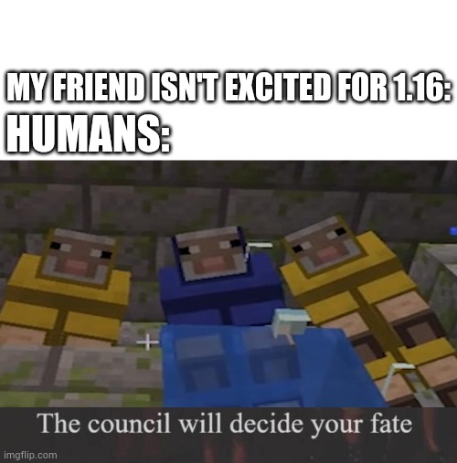 HUMANS:; MY FRIEND ISN'T EXCITED FOR 1.16: | image tagged in the council will decide your fate | made w/ Imgflip meme maker