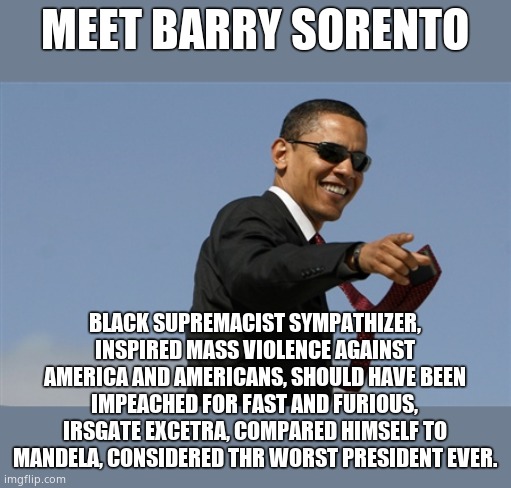 Cool Obama Meme | MEET BARRY SORENTO BLACK SUPREMACIST SYMPATHIZER, INSPIRED MASS VIOLENCE AGAINST AMERICA AND AMERICANS, SHOULD HAVE BEEN IMPEACHED FOR FAST  | image tagged in memes,cool obama | made w/ Imgflip meme maker