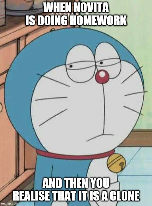 Doraemon | WHEN NOVITA IS DOING HOMEWORK; AND THEN YOU REALISE THAT IT IS A CLONE | image tagged in doraemon | made w/ Imgflip meme maker