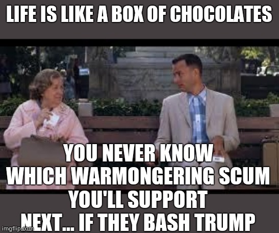 forrest gump box of chocolates | LIFE IS LIKE A BOX OF CHOCOLATES YOU NEVER KNOW WHICH WARMONGERING SCUM YOU'LL SUPPORT NEXT... IF THEY BASH TRUMP | image tagged in forrest gump box of chocolates | made w/ Imgflip meme maker
