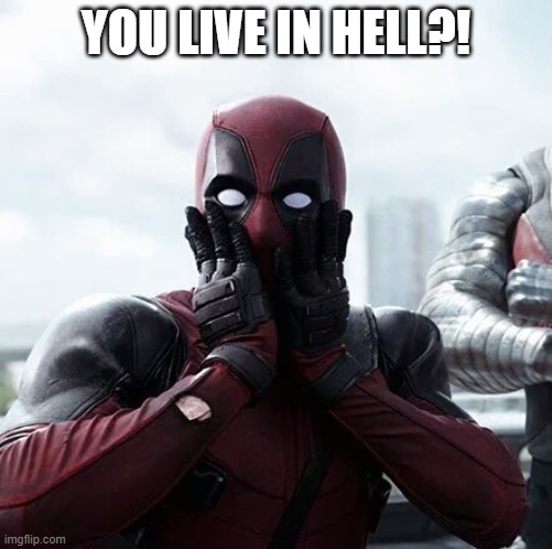 Deadpool Surprised Meme | YOU LIVE IN HELL?! | image tagged in memes,deadpool surprised | made w/ Imgflip meme maker