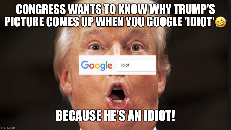 Google 'Idiot' | CONGRESS WANTS TO KNOW WHY TRUMP'S PICTURE COMES UP WHEN YOU GOOGLE 'IDIOT'🤣; BECAUSE HE'S AN IDIOT! | image tagged in donald trump,sarcasm,idiot,maga,trump supporters,google search | made w/ Imgflip meme maker