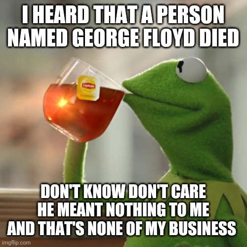 Just like anyone else on this planet called Earth, people die of course | I HEARD THAT A PERSON NAMED GEORGE FLOYD DIED; DON'T KNOW DON'T CARE HE MEANT NOTHING TO ME AND THAT'S NONE OF MY BUSINESS | image tagged in memes,but that's none of my business,kermit the frog,george floyd,protest,kermit | made w/ Imgflip meme maker