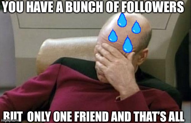 Guy gets lonely but famous | YOU HAVE A BUNCH OF FOLLOWERS; BUT  ONLY ONE FRIEND AND THAT’S ALL | image tagged in memes,captain picard facepalm | made w/ Imgflip meme maker