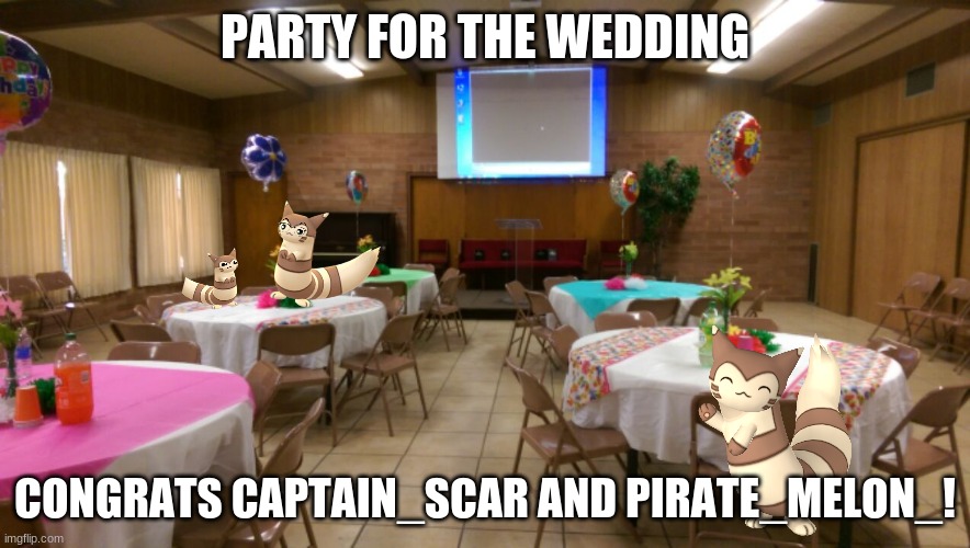 Empty party room | PARTY FOR THE WEDDING; CONGRATS CAPTAIN_SCAR AND PIRATE_MELON_! | image tagged in empty party room | made w/ Imgflip meme maker