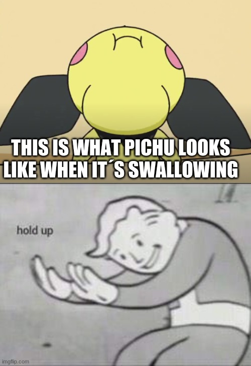 THIS IS WHAT PICHU LOOKS LIKE WHEN IT´S SWALLOWING | image tagged in fallout hold up,pokemon,anime | made w/ Imgflip meme maker