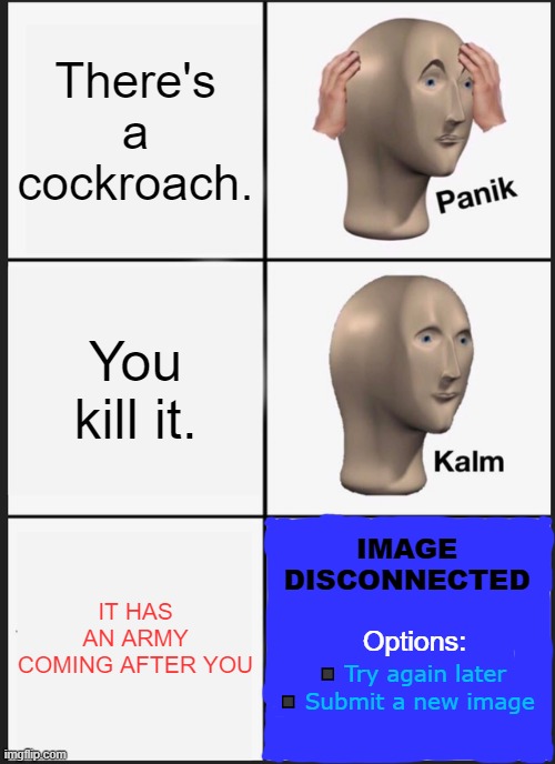 Panik Kalm Panik | There's a cockroach. You kill it. IMAGE DISCONNECTED; IT HAS AN ARMY COMING AFTER YOU; Options:; ◼️ Try again later; ◼️ Submit a new image | image tagged in memes,panik kalm panik | made w/ Imgflip meme maker