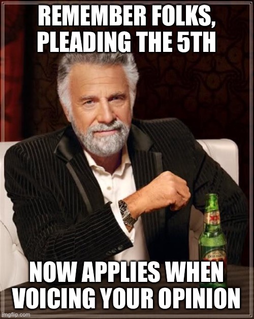 Fifth Amendment | REMEMBER FOLKS, PLEADING THE 5TH; NOW APPLIES WHEN VOICING YOUR OPINION | image tagged in memes,the most interesting man in the world | made w/ Imgflip meme maker
