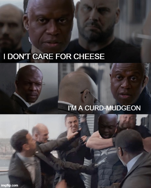 I don't care for cheese Holt | I DON'T CARE FOR CHEESE; I'M A CURD-MUDGEON | image tagged in captain america elevator | made w/ Imgflip meme maker
