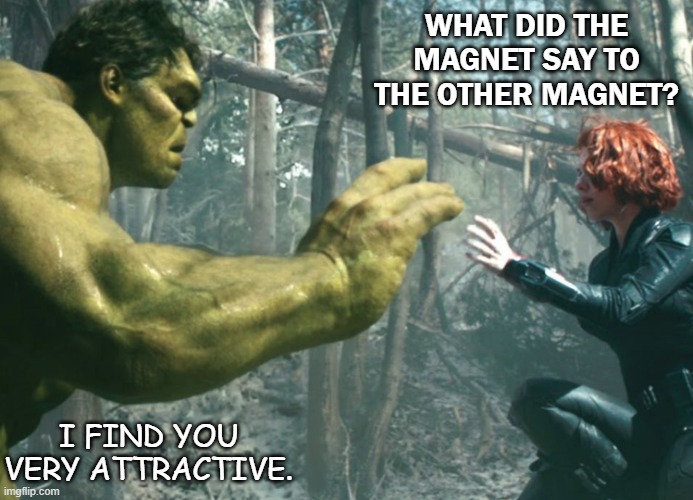 Daily Bad Dad Joke June 19 2020 | WHAT DID THE MAGNET SAY TO THE OTHER MAGNET? I FIND YOU VERY ATTRACTIVE. | image tagged in black widow and hulk | made w/ Imgflip meme maker