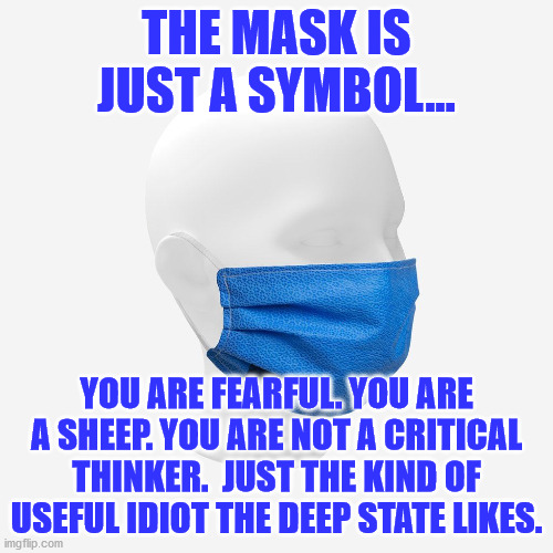 Facemask | THE MASK IS JUST A SYMBOL... YOU ARE FEARFUL. YOU ARE A SHEEP. YOU ARE NOT A CRITICAL THINKER.  JUST THE KIND OF USEFUL IDIOT THE DEEP STATE LIKES. | image tagged in facemask | made w/ Imgflip meme maker