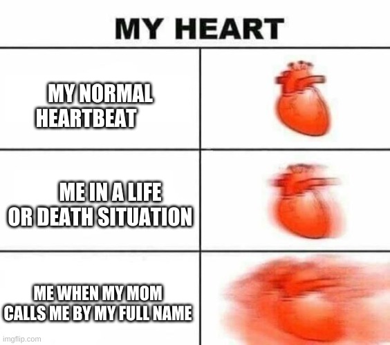 It's scary | MY NORMAL HEARTBEAT                                             ME IN A LIFE OR DEATH SITUATION; ME WHEN MY MOM CALLS ME BY MY FULL NAME | image tagged in my heart blank | made w/ Imgflip meme maker