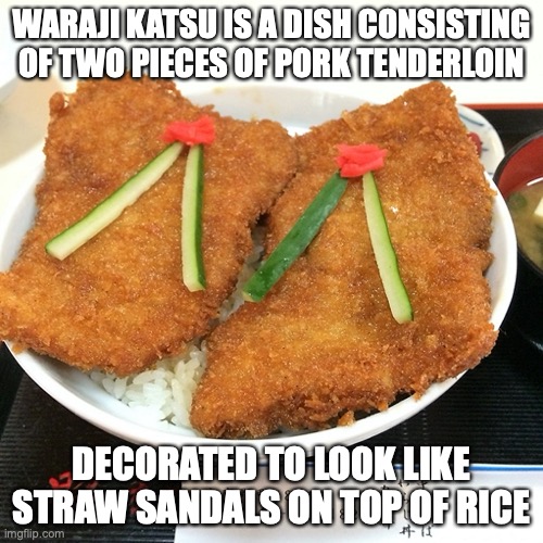 Waraji Katsu | WARAJI KATSU IS A DISH CONSISTING OF TWO PIECES OF PORK TENDERLOIN; DECORATED TO LOOK LIKE STRAW SANDALS ON TOP OF RICE | image tagged in food,memes | made w/ Imgflip meme maker