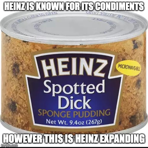 Heinz Spotted Dick | HEINZ IS KNOWN FOR ITS CONDIMENTS; HOWEVER THIS IS HEINZ EXPANDING | image tagged in heinz,food,memes | made w/ Imgflip meme maker