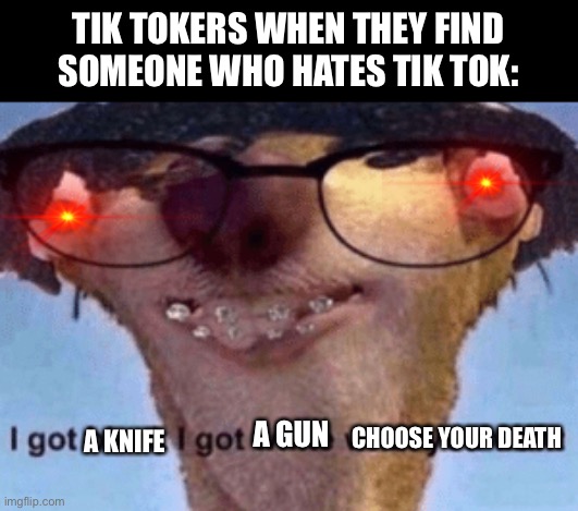 I hate it when this happens to me, I’m sick of breaking people’s arms | TIK TOKERS WHEN THEY FIND SOMEONE WHO HATES TIK TOK:; CHOOSE YOUR DEATH; A GUN; A KNIFE | image tagged in i got black i got white what ya want | made w/ Imgflip meme maker