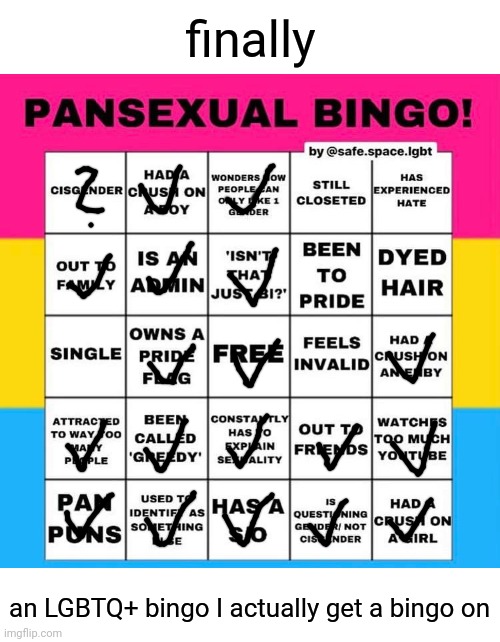 I thought it would never happen | finally; an LGBTQ+ bingo I actually get a bingo on | image tagged in lgbtq,bingo,pan | made w/ Imgflip meme maker
