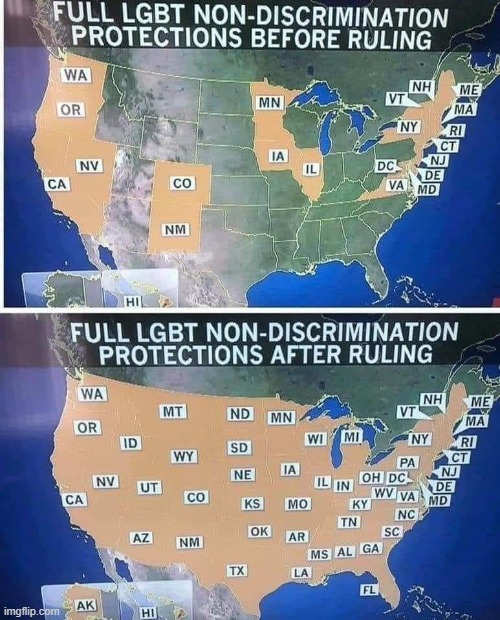 LGBTQ non-discrim protections in the U.S., before & after  Altitude Express Inc. v. Zarda & Bostock v. Clayton County, Georgia. | image tagged in supreme court,scotus,equality,equal rights,discrimination,gay rights | made w/ Imgflip meme maker