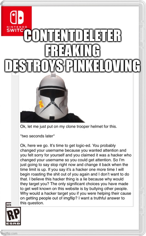 It’s also in the rare insults stream | CONTENTDELETER FREAKING DESTROYS PINKELOVING | image tagged in l | made w/ Imgflip meme maker