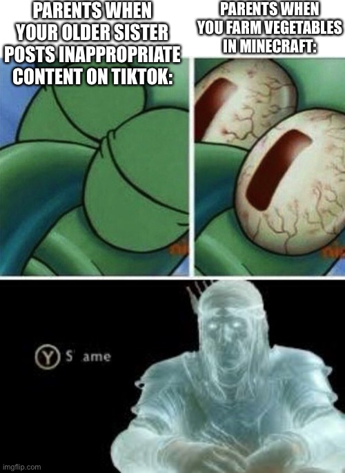 Some people make minecraft tutorials on tiktok but don’t tell what version it works on. | PARENTS WHEN YOUR OLDER SISTER POSTS INAPPROPRIATE CONTENT ON TIKTOK:; PARENTS WHEN YOU FARM VEGETABLES IN MINECRAFT: | image tagged in tiktok,parents,minecraft,sleeping squidward,memes,spongebob | made w/ Imgflip meme maker