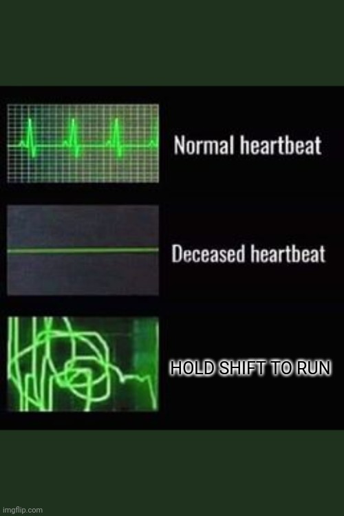 Horror gamers know the pain | HOLD SHIFT TO RUN | image tagged in heartbeat rate | made w/ Imgflip meme maker