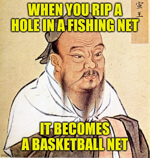 Confucius Says | WHEN YOU RIP A HOLE IN A FISHING NET; IT BECOMES A BASKETBALL NET | image tagged in confucius says,memes | made w/ Imgflip meme maker