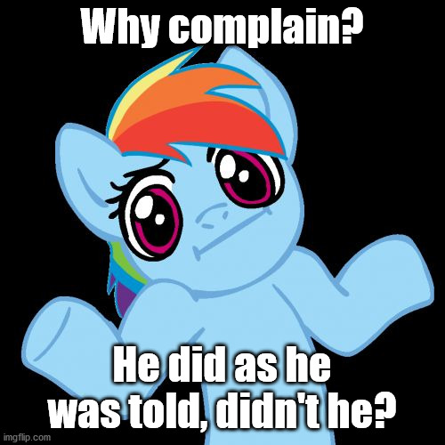 Pony Shrugs Meme | Why complain? He did as he was told, didn't he? | image tagged in memes,pony shrugs | made w/ Imgflip meme maker