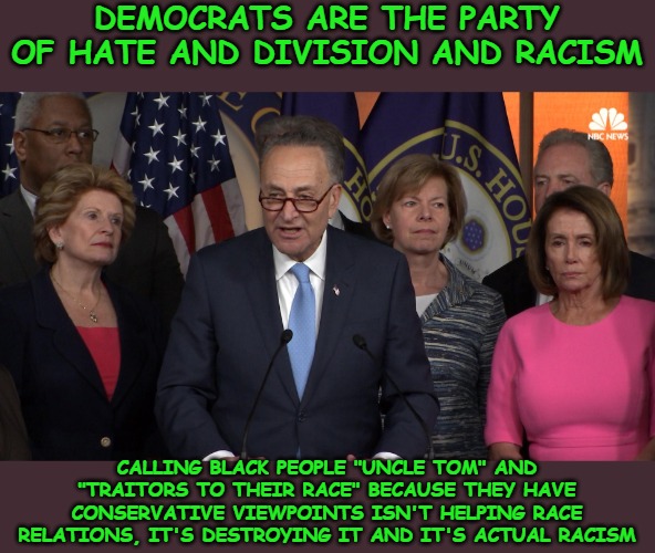 When you tell a black person they have to think a certain way, that isn't inclusiveness, it's racism. | DEMOCRATS ARE THE PARTY OF HATE AND DIVISION AND RACISM; CALLING BLACK PEOPLE "UNCLE TOM" AND "TRAITORS TO THEIR RACE" BECAUSE THEY HAVE CONSERVATIVE VIEWPOINTS ISN'T HELPING RACE RELATIONS, IT'S DESTROYING IT AND IT'S ACTUAL RACISM | image tagged in democrat congressmen | made w/ Imgflip meme maker