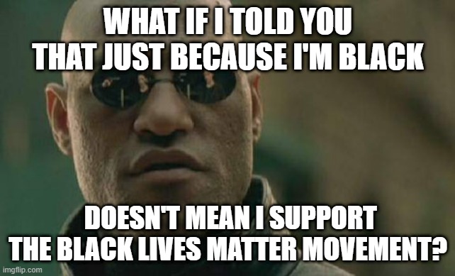 An alternative perspective | WHAT IF I TOLD YOU THAT JUST BECAUSE I'M BLACK; DOESN'T MEAN I SUPPORT THE BLACK LIVES MATTER MOVEMENT? | image tagged in memes,character not color,think with your brain not with your color,individuality,freedom,no obligations | made w/ Imgflip meme maker