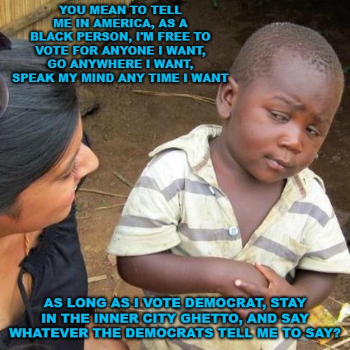 Yes, young man, as long as you stay a slave to the Democrat party, you're free to do as you wish. | YOU MEAN TO TELL ME IN AMERICA, AS A BLACK PERSON, I'M FREE TO VOTE FOR ANYONE I WANT, GO ANYWHERE I WANT, SPEAK MY MIND ANY TIME I WANT; AS LONG AS I VOTE DEMOCRAT, STAY IN THE INNER CITY GHETTO, AND SAY WHATEVER THE DEMOCRATS TELL ME TO SAY? | image tagged in memes,third world skeptical kid | made w/ Imgflip meme maker