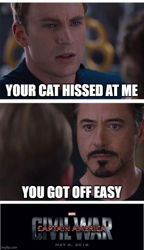 Marvel Civil War 1 | YOUR CAT HISSED AT ME; YOU GOT OFF EASY | image tagged in memes,marvel civil war 1 | made w/ Imgflip meme maker