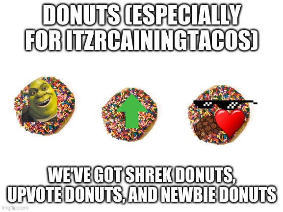 shoutout to ItzRcainingTacos, who suggested this stream | DONUTS (ESPECIALLY FOR ITZRCAININGTACOS); WE'VE GOT SHREK DONUTS, UPVOTE DONUTS, AND NEWBIE DONUTS | image tagged in blank white template,dunkin donuts | made w/ Imgflip meme maker