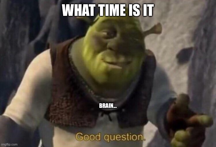 Shrek good question | WHAT TIME IS IT; BRAIN... | image tagged in shrek good question | made w/ Imgflip meme maker