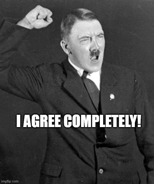 Angry Hitler | I AGREE COMPLETELY! | image tagged in angry hitler | made w/ Imgflip meme maker