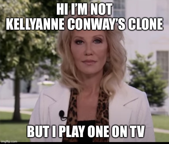 Kellyanne CONway | HI I’M NOT KELLYANNE CONWAY’S CLONE; BUT I PLAY ONE ON TV | image tagged in conway,trump,republicans,plastic surgery | made w/ Imgflip meme maker