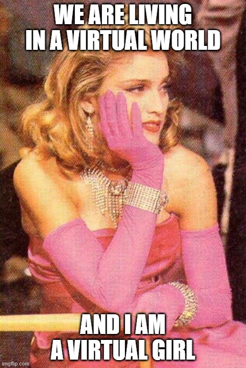 No valentine on Valentine's Day Madonna | WE ARE LIVING IN A VIRTUAL WORLD; AND I AM A VIRTUAL GIRL | image tagged in no valentine on valentine's day madonna | made w/ Imgflip meme maker