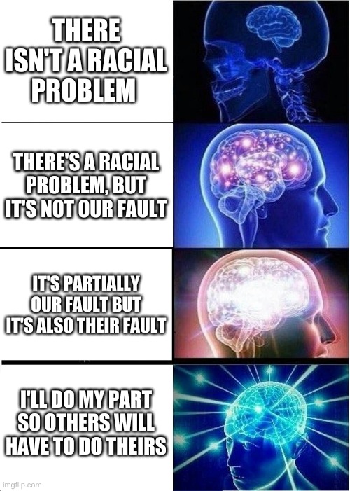 there is no race problem | THERE ISN'T A RACIAL PROBLEM; THERE'S A RACIAL PROBLEM, BUT IT'S NOT OUR FAULT; IT'S PARTIALLY OUR FAULT BUT IT'S ALSO THEIR FAULT; I'LL DO MY PART SO OTHERS WILL HAVE TO DO THEIRS | image tagged in memes,expanding brain | made w/ Imgflip meme maker