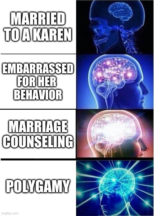 karen poygamy | MARRIED TO A KAREN; EMBARRASSED FOR HER 
BEHAVIOR; MARRIAGE COUNSELING; POLYGAMY | image tagged in memes,expanding brain | made w/ Imgflip meme maker