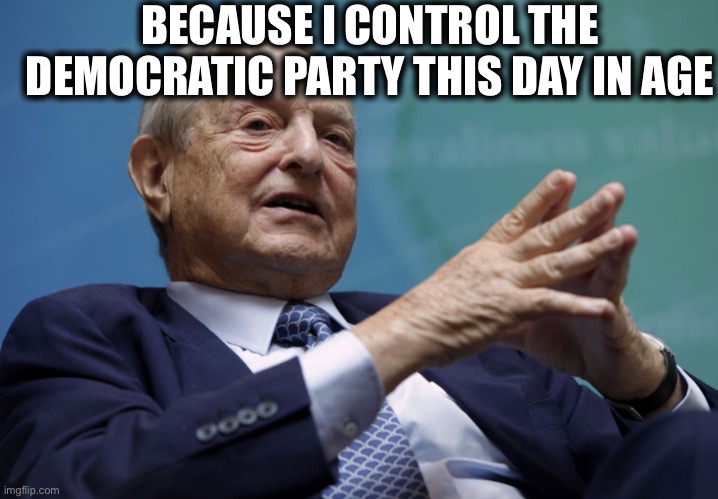 George Soros | BECAUSE I CONTROL THE DEMOCRATIC PARTY THIS DAY IN AGE | image tagged in george soros | made w/ Imgflip meme maker