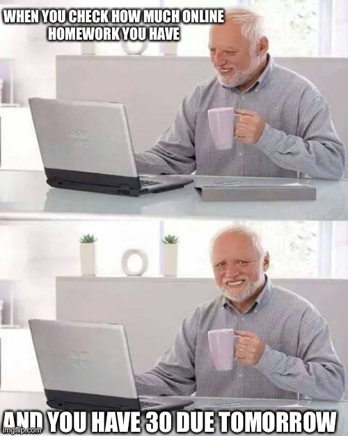 Hide the Pain Harold | WHEN YOU CHECK HOW MUCH ONLINE
HOMEWORK YOU HAVE; AND YOU HAVE 30 DUE TOMORROW | image tagged in memes,hide the pain harold | made w/ Imgflip meme maker