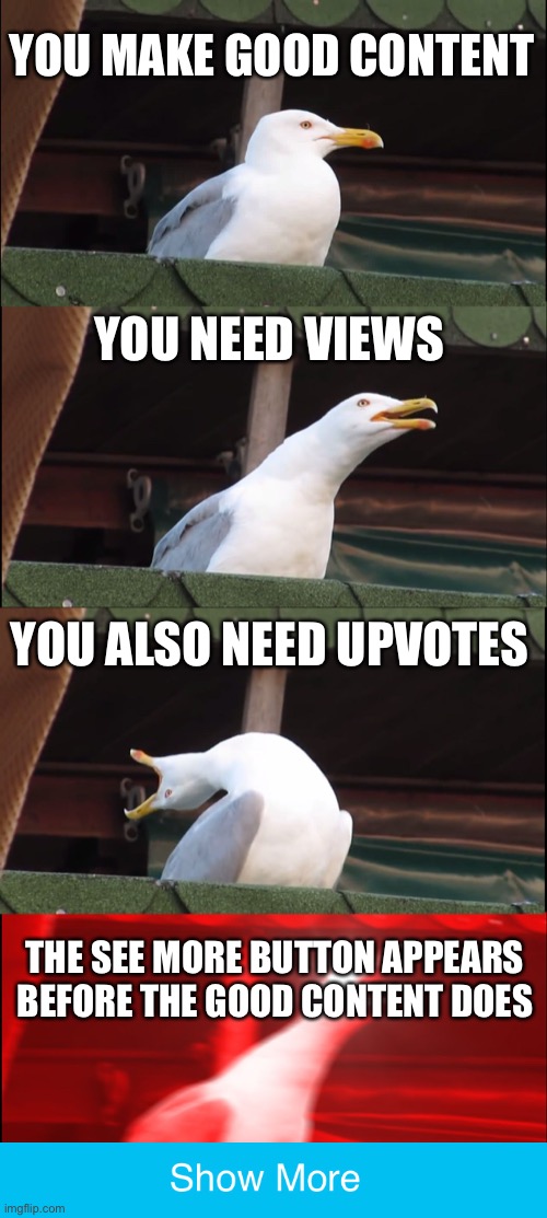 Inhaling Seagull Meme | YOU MAKE GOOD CONTENT; YOU NEED VIEWS; YOU ALSO NEED UPVOTES; THE SEE MORE BUTTON APPEARS BEFORE THE GOOD CONTENT DOES | image tagged in memes,inhaling seagull | made w/ Imgflip meme maker