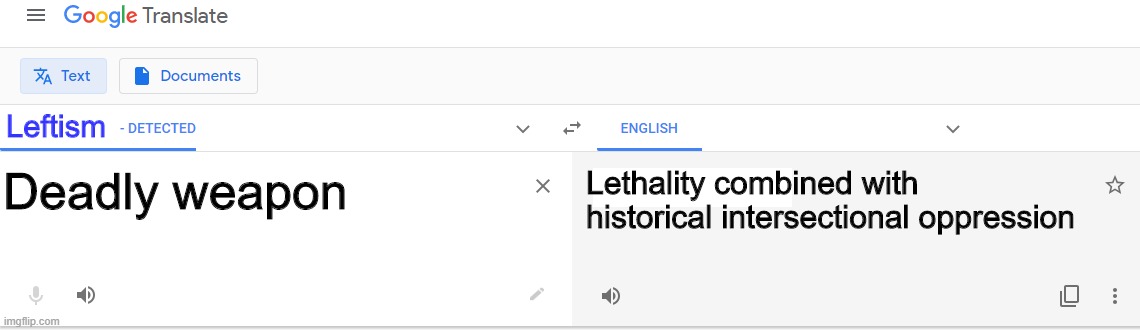 Translate - Detect language | Leftism Deadly weapon Lethality combined with historical intersectional oppression | image tagged in translate - detect language | made w/ Imgflip meme maker