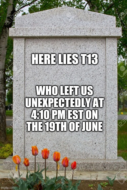 blank gravestone | HERE LIES T13; WHO LEFT US UNEXPECTEDLY AT 4:10 PM EST ON THE 19TH OF JUNE | image tagged in blank gravestone | made w/ Imgflip meme maker
