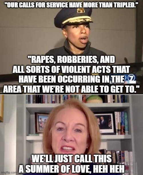"OUR CALLS FOR SERVICE HAVE MORE THAN TRIPLED." "RAPES, ROBBERIES, AND ALL SORTS OF VIOLENT ACTS THAT HAVE BEEN OCCURRING IN THE AREA THAT W | made w/ Imgflip meme maker
